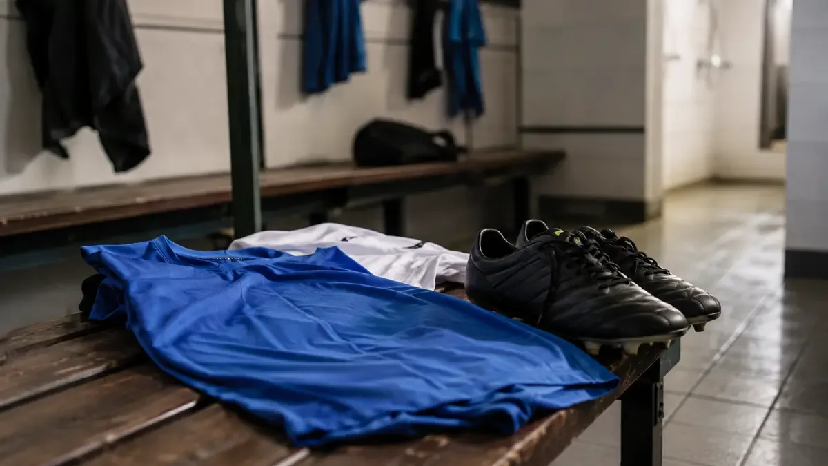 Camisetas lisas y botines en un vestuario en un gimnasio cubierto, vista en tres cuartos, profundidad de campo suave