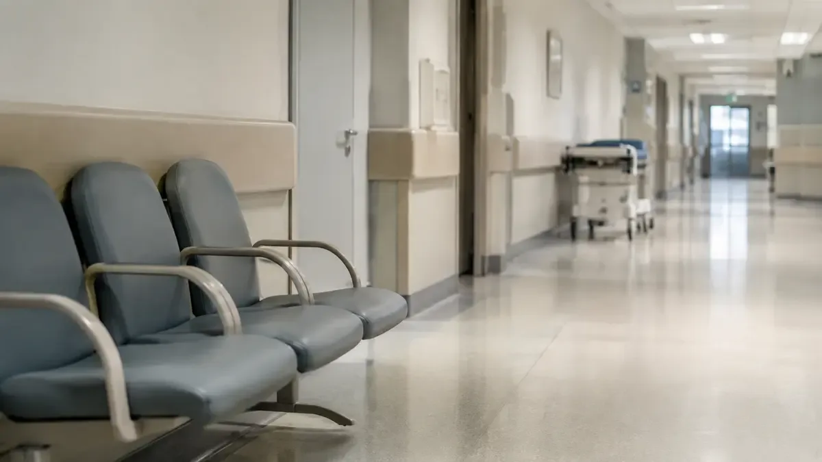 Un pasillo hospitalario limpio y vacío en un hall institucional de arquitectura genérica, vista en tres cuartos, profundidad de campo suave