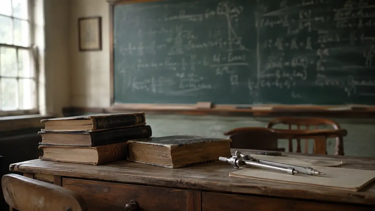 Pizarra con anotaciones fuera de foco y un pupitre de madera con libros gastados y un compas metalico