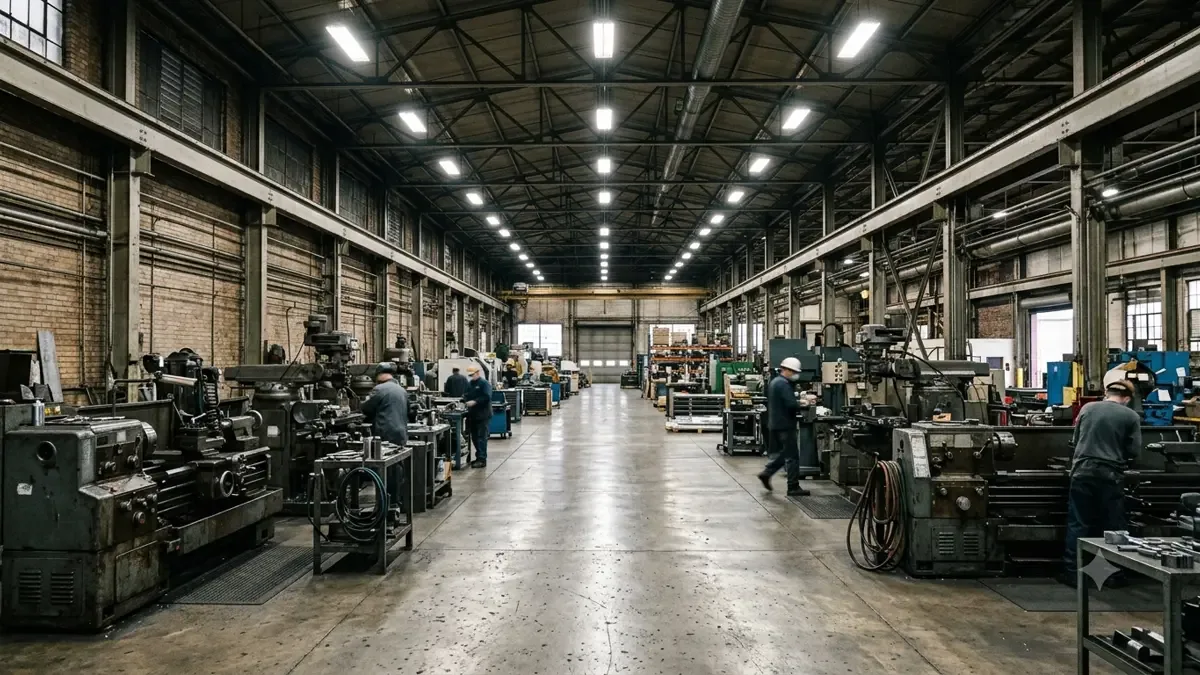 Interior de un galpón industrial con máquinas alineadas