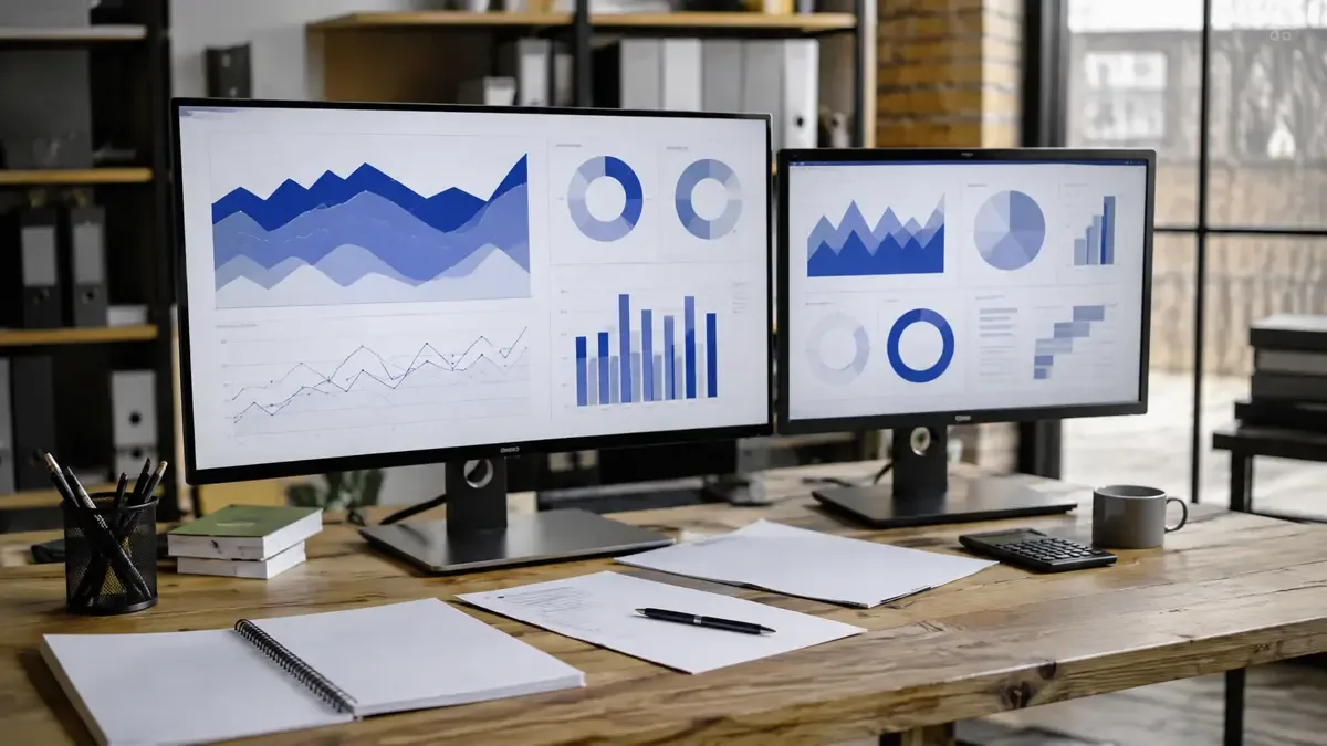 Monitores con gráficos abstractos sin letras, cifras ni logos en un escritorio contable con papeles sin texto, plano medio documental, perspectiva natural