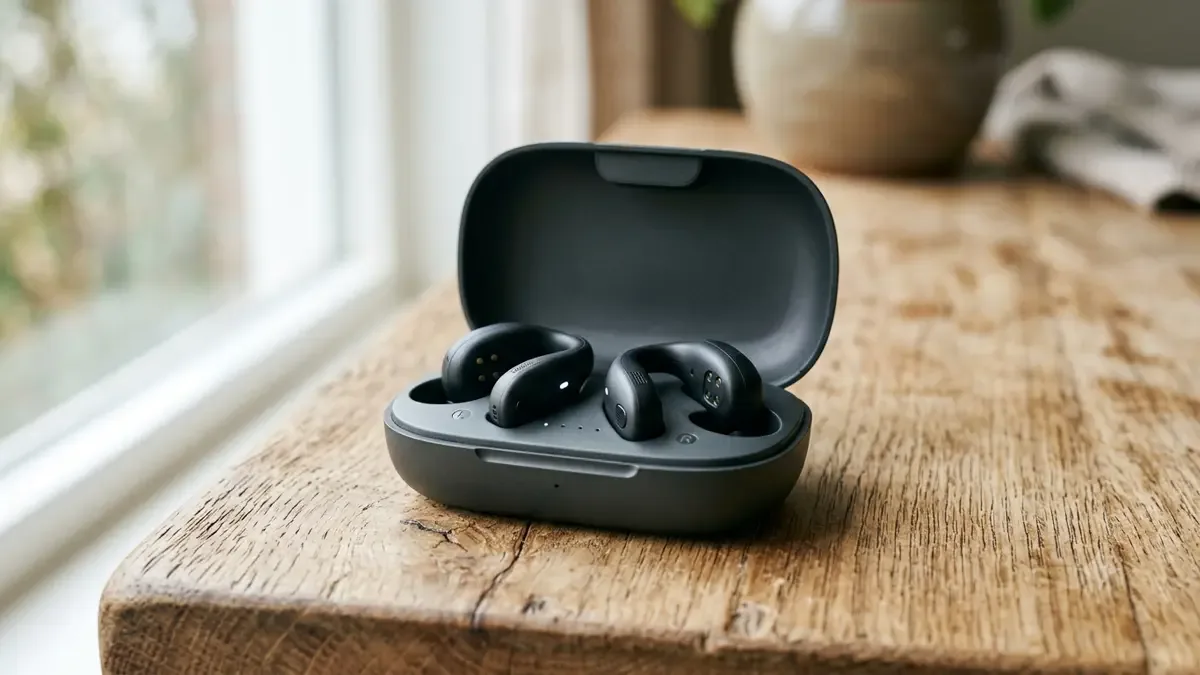 Auriculares inalámbricos dentro de su estuche abierto sobre madera clara