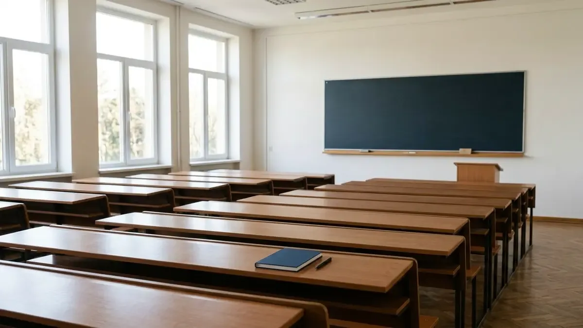 Aula vacía con bancos y cuadernos, imagen ilustrativa