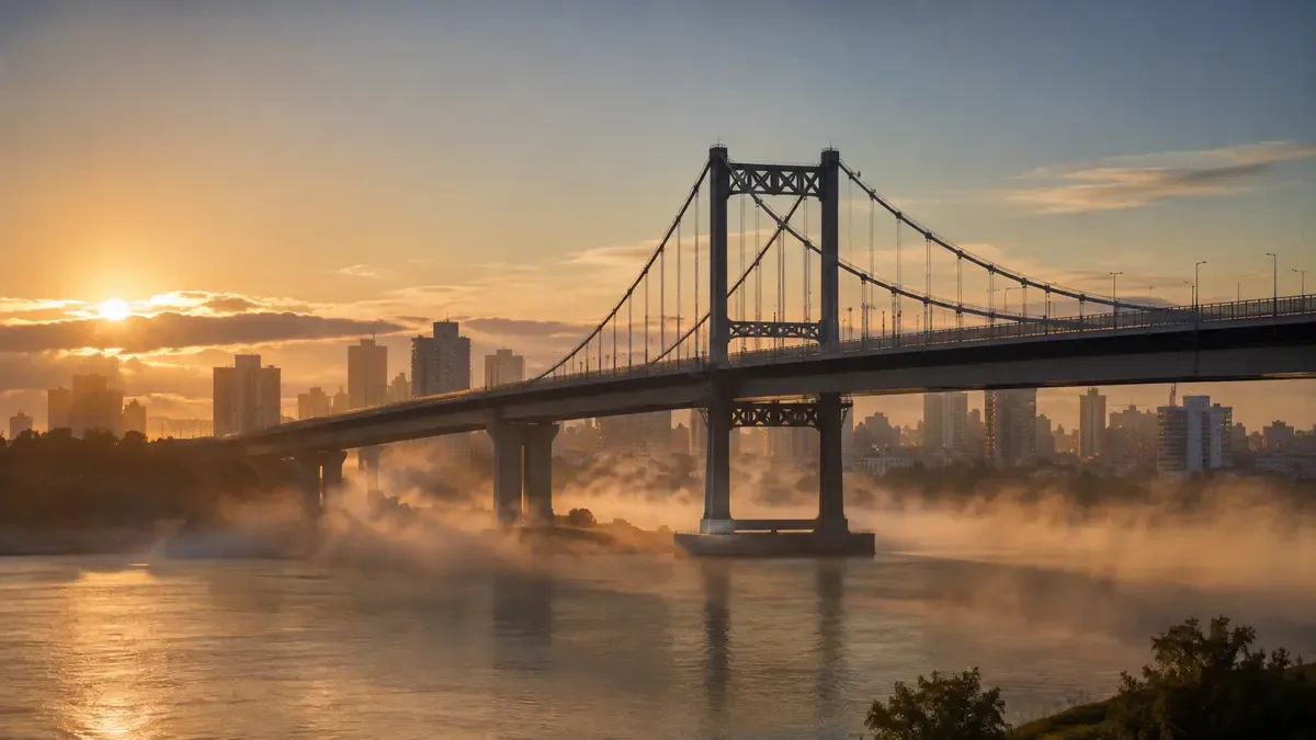 Puente urbano sobre un rio con la ciudad de fondo y niebla baja al amanecer
