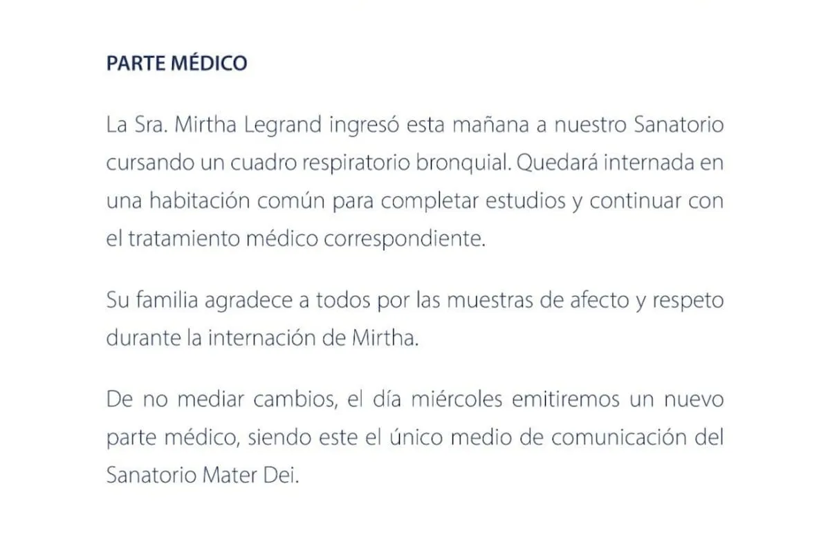 Mirtha Legrand quedará internada al menos hasta el miércoles tras el primer parte médico