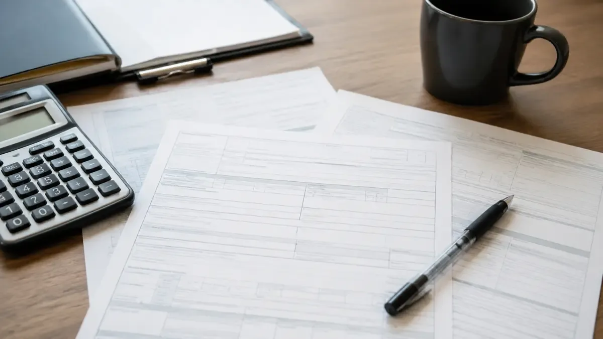 Formularios impositivos en blanco, una calculadora y una birome sobre un escritorio de oficina