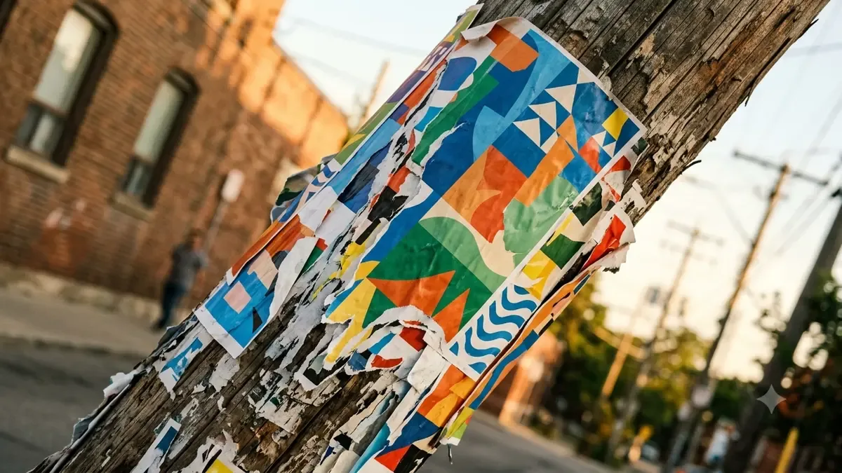 Poste callejero empapelado con afiches de colores planos