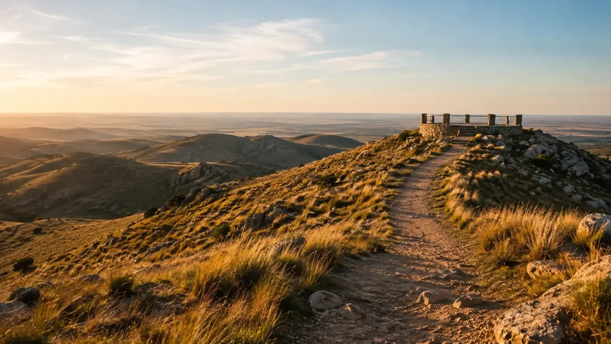 Camino de tierra que sube entre sierras de pastizal hacia un mirador