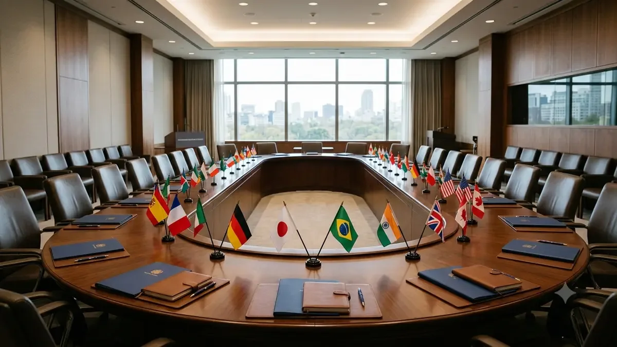 Mesa ovalada de reunión institucional con carpetas y banderines por silla