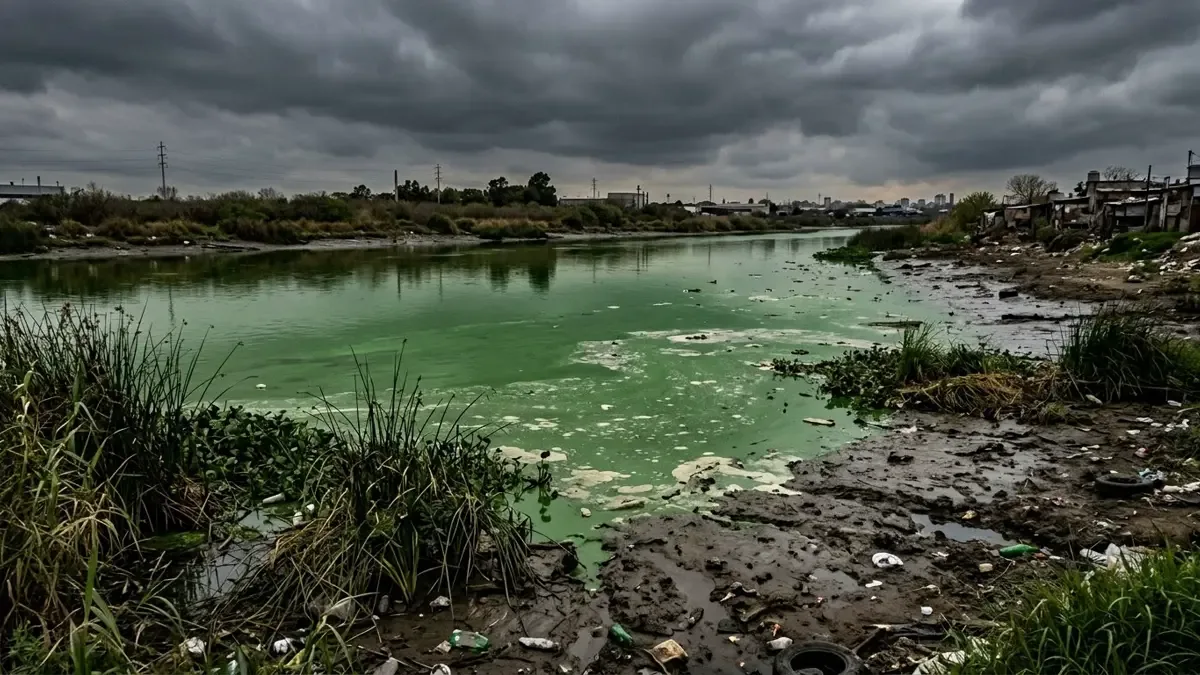 Orilla de un río con agua verdosa por alerta ambiental de cianobacterias.