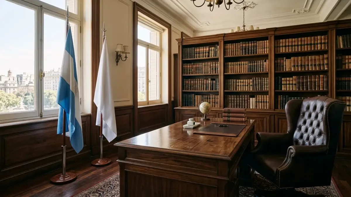Despacho oficial vacío con escritorio, sillón y banderas de asta