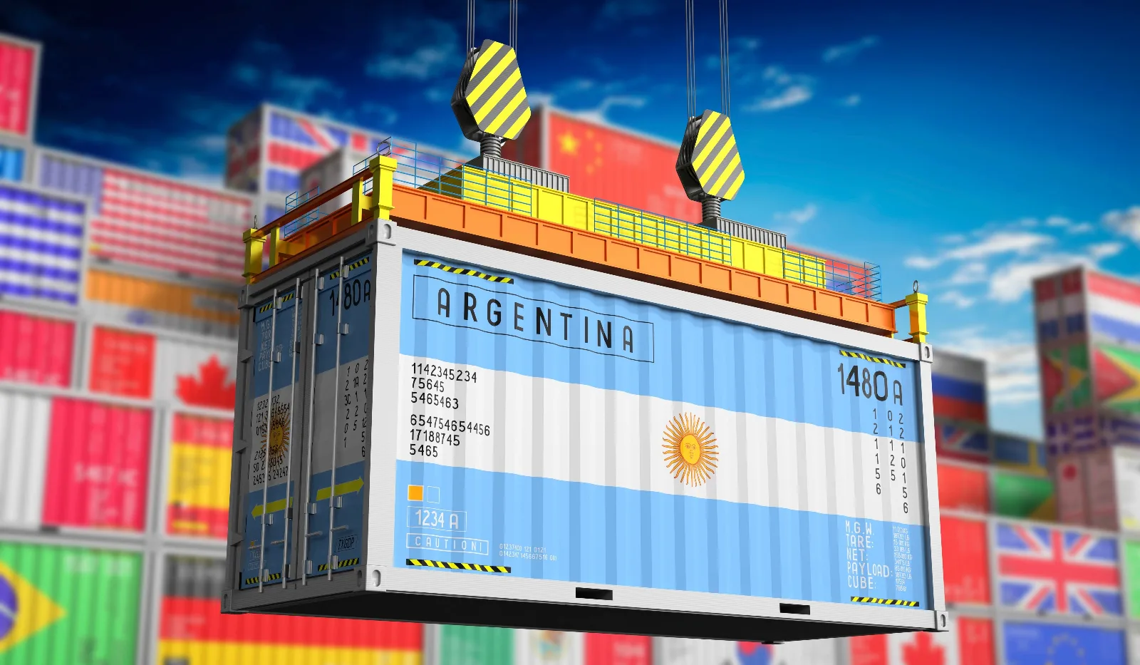 Gráfico de balanza comercial argentina con barras de exportaciones e importaciones y saldo positivo