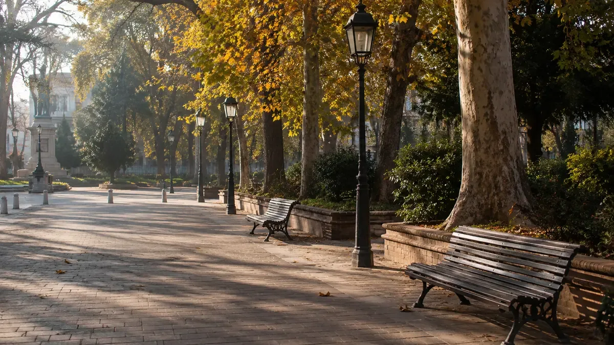 Plaza publica con bancos, arboles y farolas en una manana de otono