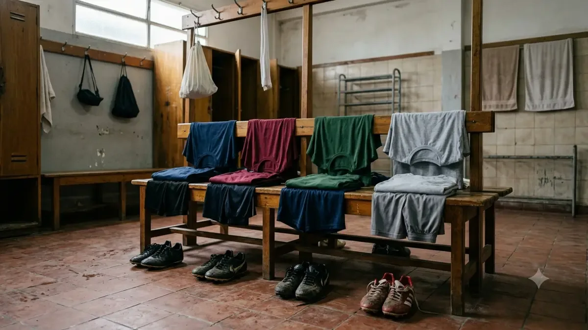 Camisetas lisas y botines en un vestuario en un vestuario deportivo sin escudos, plano medio documental, perspectiva natural