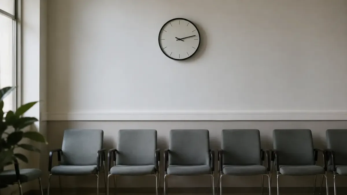 Reloj de pared redondo sobre sillas vacias en una sala de espera institucional