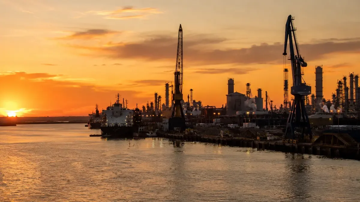Puerto de Bahía Blanca con grúas portuarias y el polo petroquímico de fondo