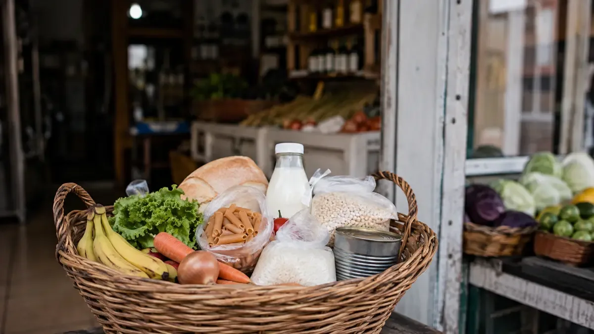 Una canasta con alimentos básicos sin envases de marca en una vidriera barrial sin carteles legibles, plano medio documental, perspectiva natural