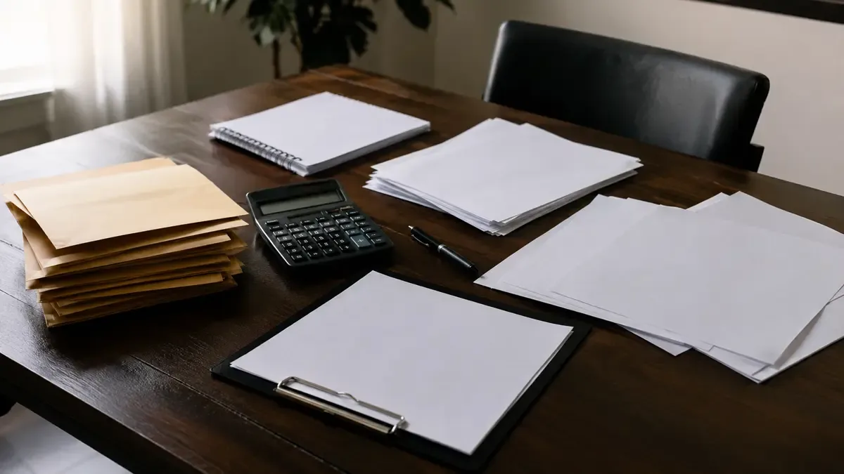 Planillas sin cifras, calculadora y sobres de cobros en una mesa de decisiones con documentos en blanco, vista en tres cuartos, profundidad de campo suave