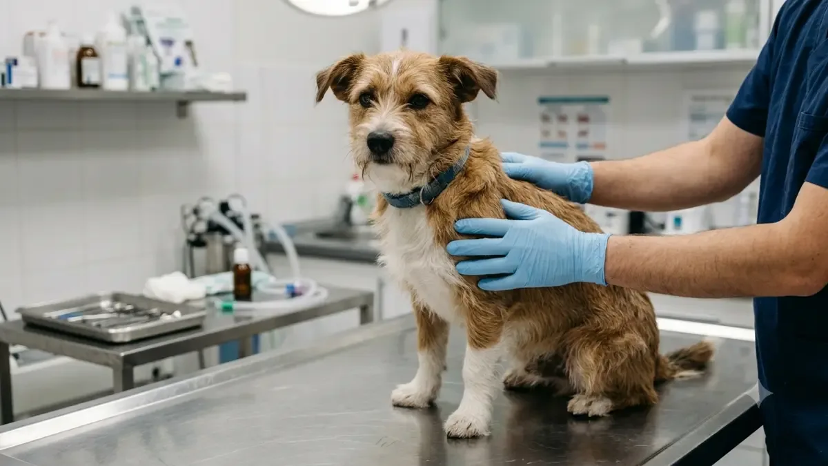 Perro sentado sobre la camilla de un consultorio veterinario