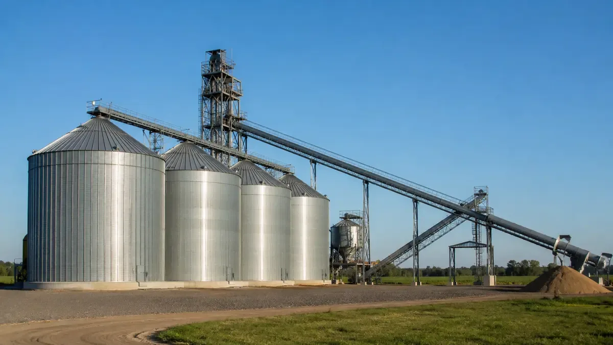 Batería de silos metálicos junto a una cinta transportadora