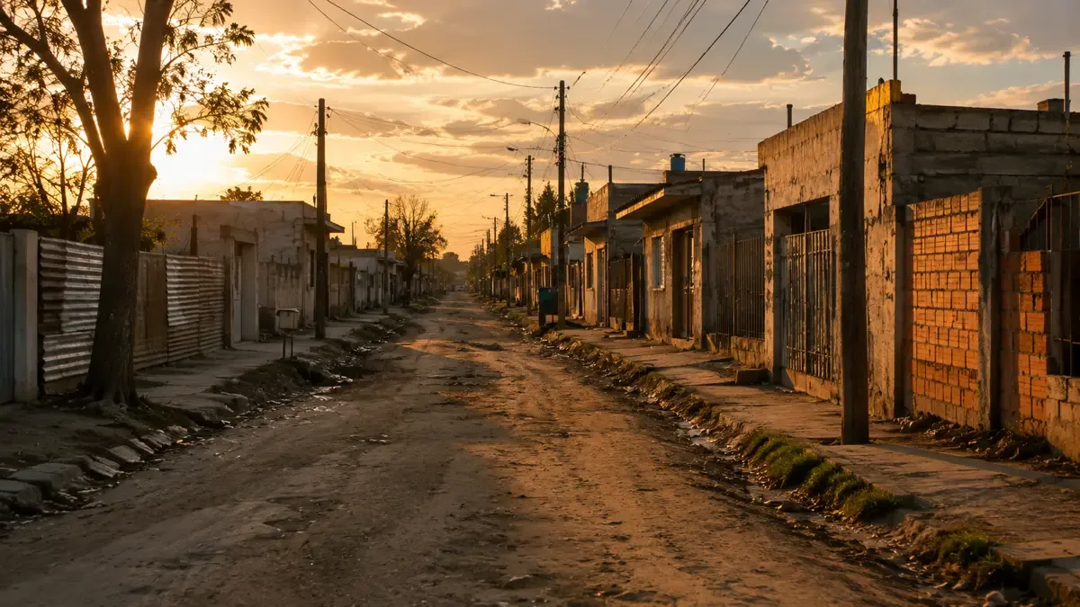 Calle de tierra en un barrio popular con casas bajas y postes de luz