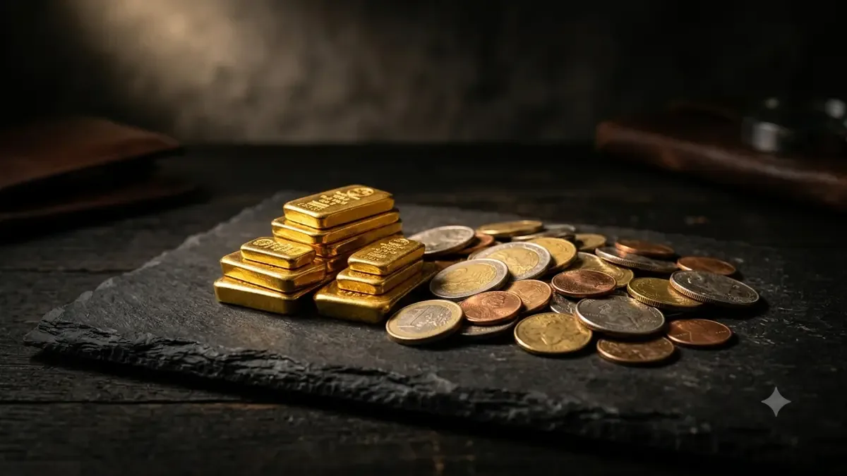 Pequeños lingotes de oro apilados junto a monedas sobre una superficie oscura