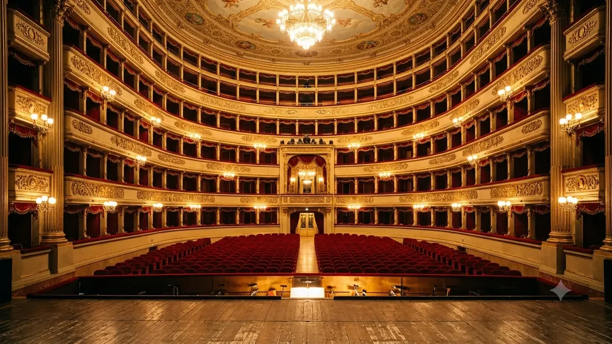 Sala de teatro a la italiana vacía con palcos en herradura