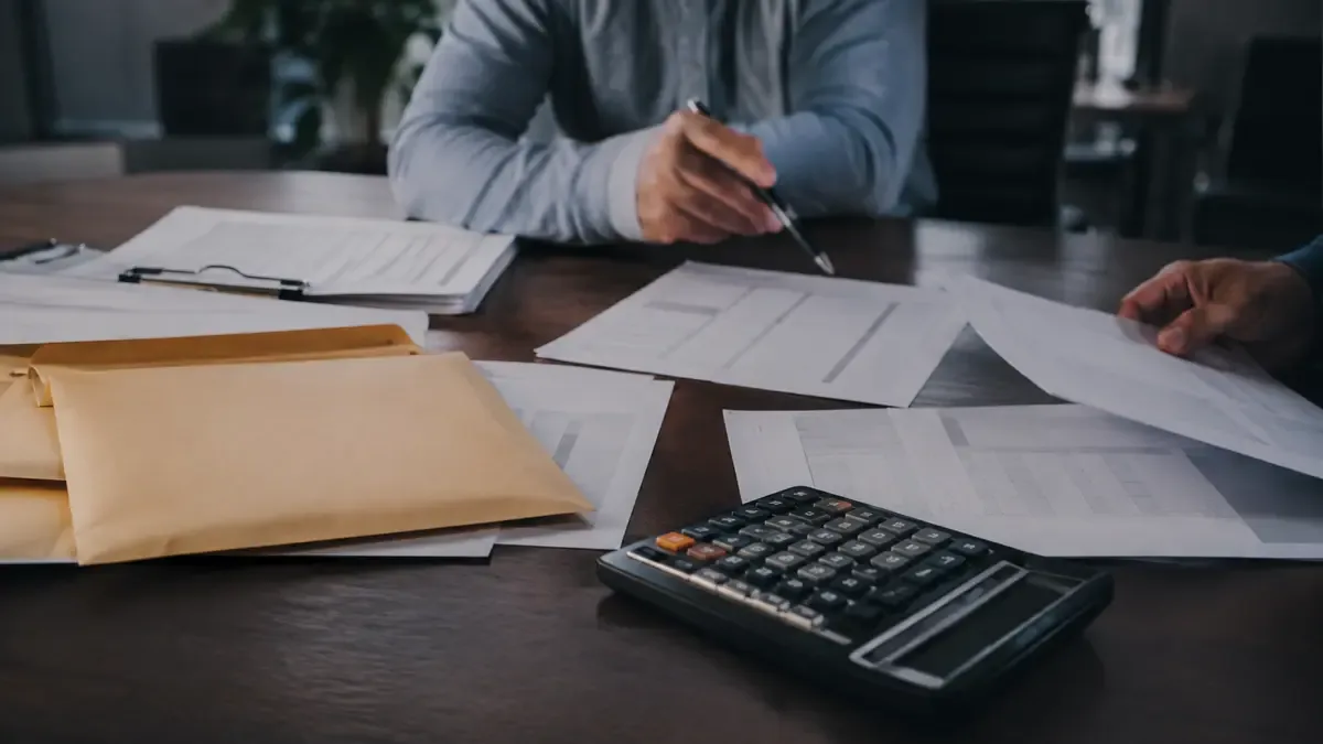 Planillas sin cifras, calculadora y sobres de cobros en una mesa de decisiones con documentos en blanco, plano medio documental, perspectiva natural