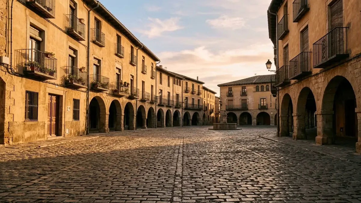 Plaza empedrada con fachadas ocre y balcones de hierro forjado al atardecer